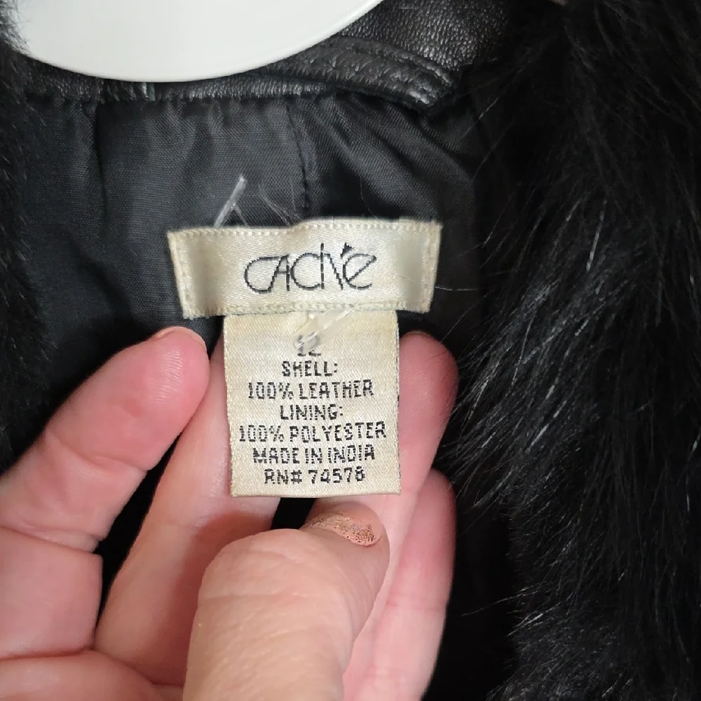 Cache Vintage Black Leather Jacket with Studs and Fur Sz 12 - Picture 2 of 14
